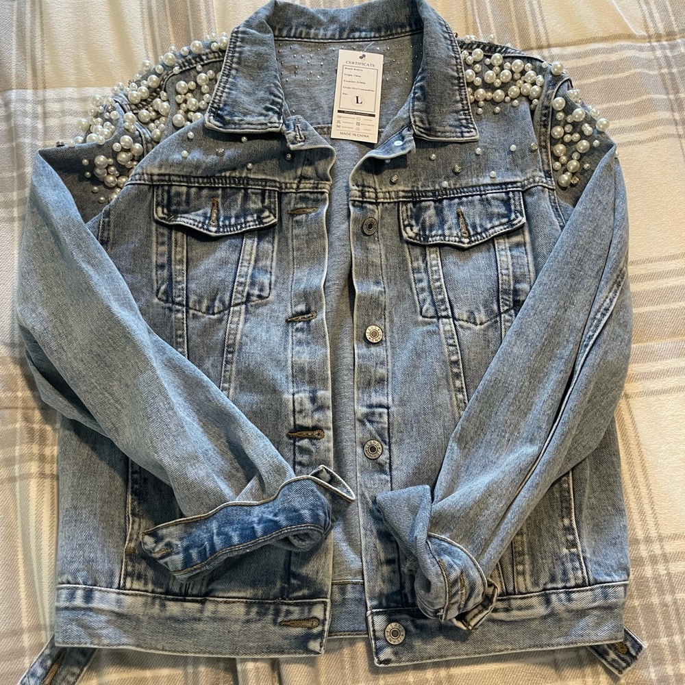 Denim Jacket with Pearl and Crystal embellishments